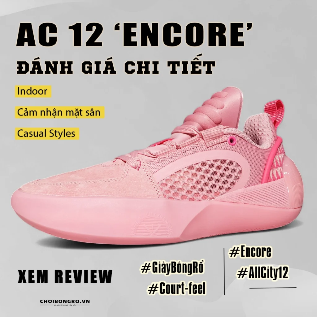 Banner đánh giá Li-Ning Wade All City 12 Encore với hình ảnh giày, tiêu đề nổi bật và các từ khóa liên quan như indoor, cảm nhận mặt sân, và casual styles.